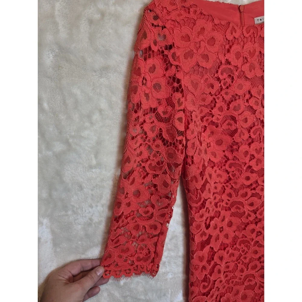 Trina Turk‎ Coral Red Floral Lace Sheath Dress 3/4 Sleeve Size 4 Cocktail Event